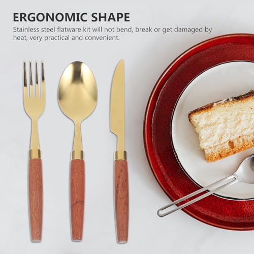 MAGICLULU Vintage Wood Handle Camping Cutlery Set 4pcs Stainless Steel Flatware Kit with Gold-grey Carry Bag for Outdoor Picnic and Hiking