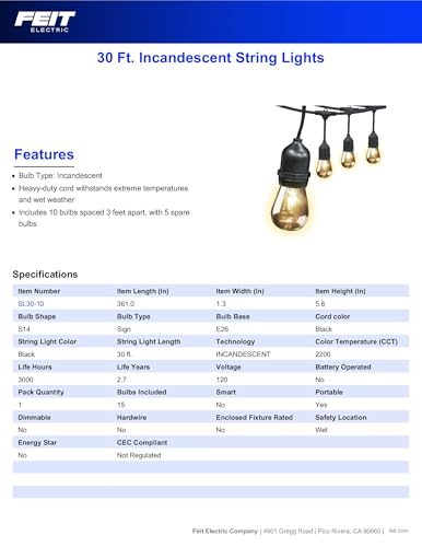 Feit Electric 30ft Outdoor Incandescent String Lights, Warm Amber Glow, Heavy-Duty Weatherproof Cord, Includes 10 Clear Bulbs + 5 Spares, End-to-End Connectable for Patios and Gazebos, SL30-10 - color: Warm White, size: 30 ft, style: 10 Sockets
