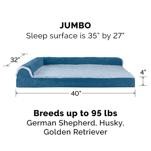 Furhaven Cooling Gel Dog Bed for Large Dogs w/ Removable Bolsters & Washable Cover, For Dogs Up to 95 lbs - Two-Tone Plush Faux Fur & Suede L Shaped Chaise - Marine Blue, Jumbo/XL - color: (Two-Tone Faux Fur & Suede) Marine Blue, size: Jumbo