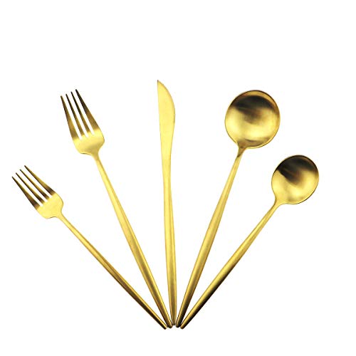 5-Piece 18/10 Stainless Steel Matte Gold Flatware Set - Dishwasher Safe, Perfect for Home, Office, or Travel - color: Gold, size: Service for 1