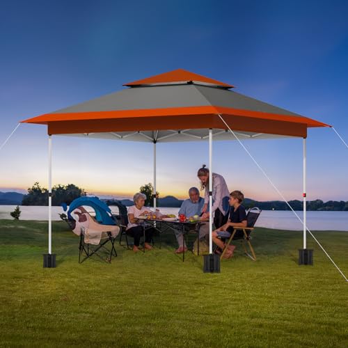 TLSUNNY 12X12 Pop Up Canopy Tent, Camping Shader W/Overhanging Eaves & Sand Bag, Outdoor Gazebo Shelter W/One Push Setup & Wheeled Bag, Height Adjustable, for Patio, Market, Party (Orange, 12FTX12FT) - color: Orange, size: 12FTX12FT