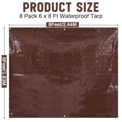 8 Pack 6 x 8 ft 5.5 Mil Large Tarps Heavy Duty Waterproof Tarp Multi Purpose Tent Cover for Home Boats Cars Camping Patio Furniture Roof Emergency Rain Protective Cover, Brown - color: Brown, size: 6 x 8 ft