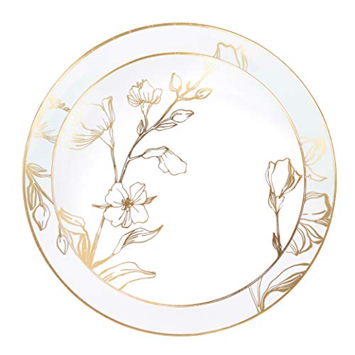 PLASTICPRO 128 Piece Combo Plates Set includes 64 7'' inch Plates & 64 10'' inch Plates White Plastic Floral Design Party Plates With Gold Rim, Premium Elegant, Tableware, Dishes, - size: 128 Plates (64 sets)