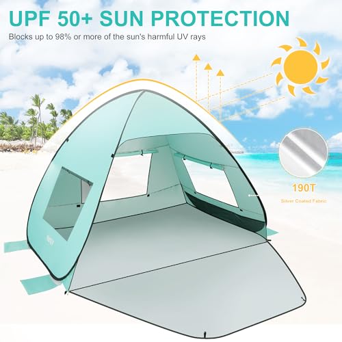 TOBTOS UPF 50+ Pop Up Beach Tent, Easy Set Up Beach Umbrella, Sun Shelter for 2-3 People UV Protection Portable Sunshade, Baby Canopy Cabana, Lightweight with Carry Bag - style: Mint Green for 3-4 Person