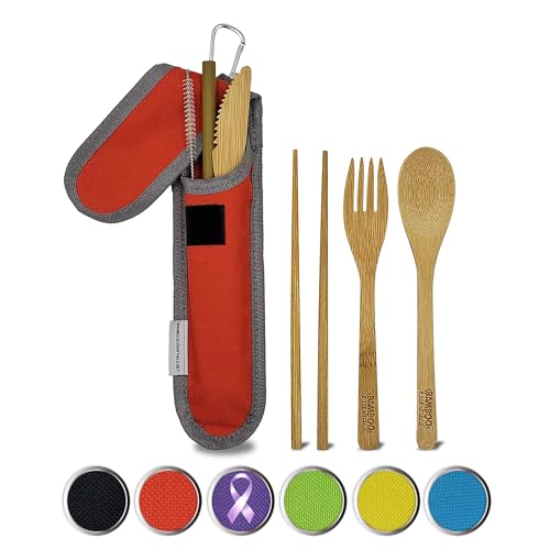 Travel Utensils with Case Set Fork, Knife, Spoon, Chopsticks, Straw, Straw-cleaning brush, Travel Pouch and Carabiner, Excellent For Everyday Use! ((1Set) Sunset Red) - color: Sunset Red, size: 1 Set