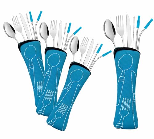 Travel Utensils Set with Case 4 Pack, Reusable Stainless Steel Portable Cutlery (Fork, Spoon, Knife, Straws & Cleaner) for Work, Dorm, Camping, Lunch Box, Compact Durable Silverware by Ecoberi - color: Turq