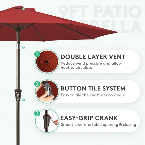 JEAREY Outdoor Patio Umbrella 9FT Outdoor Table Umbrella with Push Button Tilt and Crank, Market Umbrellas 8 Sturdy Ribs UV Protection Waterproof for Garden, Deck, Pool (Cherry Red) - color: Cherry Red