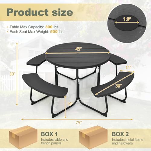 Tangkula 8 Person Picnic Table, Outdoor Round Picnic Table with 4 Built-in Benches, Umbrella Hole, Metal Frame & HDPE Tabletop, Outside Table and Bench Set for Backyard, 2300lbs Weight Capacity - color: Black