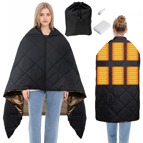 Heated Blanket Outdoors, Battery Operated Heated Throw with 10000mAh Power Bank, Cordless Wearable Electric Blanket & Shawl, 6-Zone Fast Heating for Camping, Hiking, Stadium Events & Travel - color: Charcoal