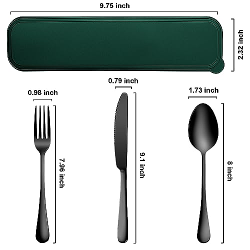 Portable Cutlery Set With Case - 18/8 Stainless Steel Spoon and Fork for Lunch Box, 3 PCs Silverware Ideal for Travel, Camping, Office - color: Black+Green - 3 PCs