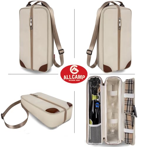 ALLCAMP Wine Tote Bag with Cooler Compartment，Picnic Set Carrying Two Sets of Tableware（Cream-Colored） - color: Cream-Colored, size: 1 Bottle
