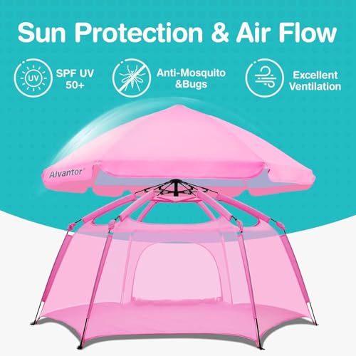 Alvantor® Pop Up Playpen- 7'x7'x44”Baby Playpen Large Kids Play Tent Portable and Foldable Playpen Indoor/Outdoor Play Yard with Protective Mesh, UV SPF 50+ Sunshade, and Soft Foam Floor, Pink - color: Pink, style: Standard