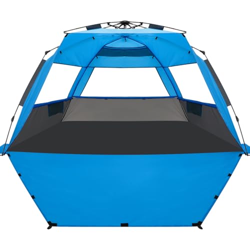 WhiteFang Deluxe Pop Up Beach Tent Sun Shade Shelter for 3-4/5-6 Person, UV Protection, Extendable Floor with 3 Ventilating Windows Plus Carrying Bag, Stakes, and Guy Lines - color: Gray Blue, size: X-Large
