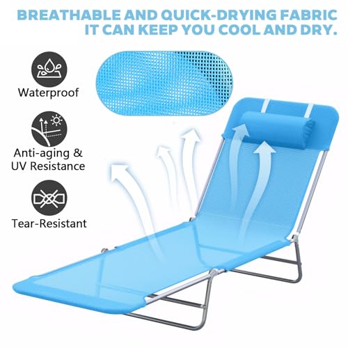 Majnesvon Outdoor Tanning Chair with Pillow, Folding Chaise Lounge Chair with Adjustable Backrest, Portable Lay Flat Beach Lounge Chairs for Sunbathing Poolside Patio Lawn Camping(Blue 2) - color: Blue 2