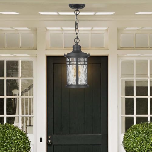Darkaway Outdoor Pendant Lights for Porch, Outdoor Chandelier Hanging Porch Lights Outside Ceiling Mount Aluminum with Water Ripple Glass for House Gazebo Patio - color: Black-Water Ripple Glass, size: Medium Size