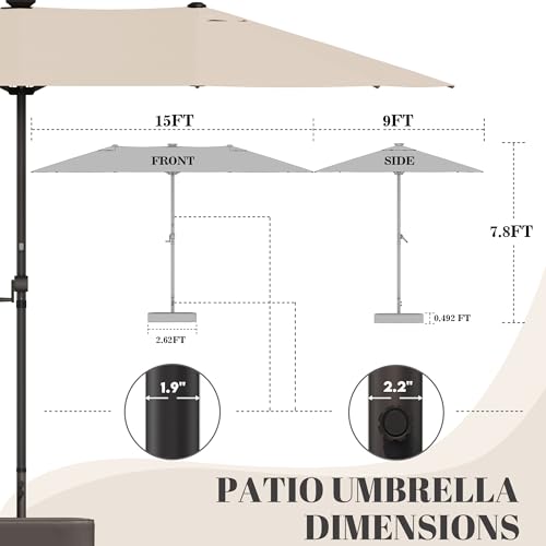 GDPFN 15ft Rectangular Patio Umbrella with Solar LED Lights, Double-Sided Outdoor Market Umbrella with Base Included, Extra Large Shade for Pool, Deck, Backyard, Garden, Beige - color: Beige, size: Base&led