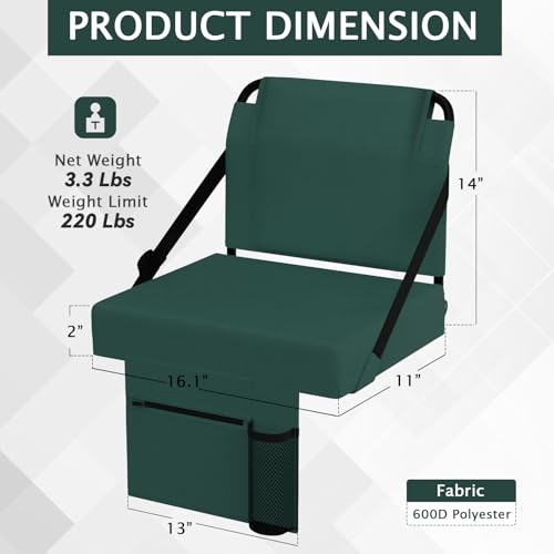 2pcs Stadium Seat for Bleachers with Back Support，Portable Bleacher Chairs with Back and Cushion，Includes Shoulder Strap and Cup Holder - color: Green,2 Pack
