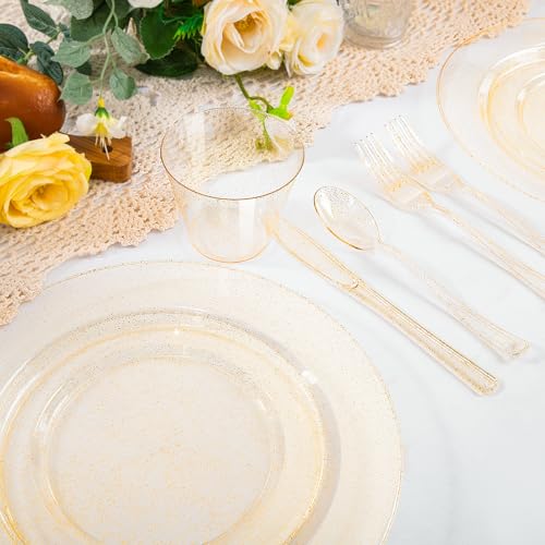 WELLIFE 300 PCS Gold Glitter Dinnerware Set for 50 Guests, Disposable Plastic Plates for Party, 50 Dinner Plates, 50 Salad Plates, 50 Cups Forks Knives Spoons for Wedding and Party Supplies - color: Gold Glitter, size: 50 Guests