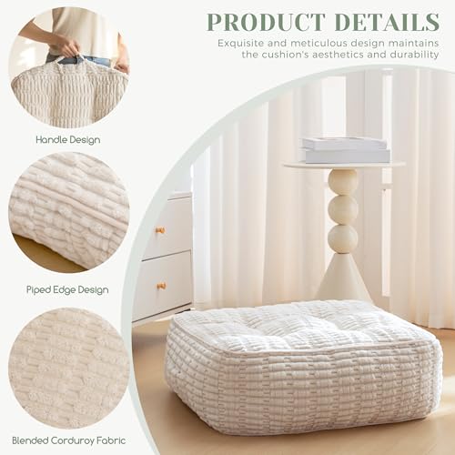 8" Washable Floor Pillow Cushion for Adults, Meditation Cushion Pillow, Removable Tufted Blended Corduroy Cover, Large Square Floor Sitting for Tatami Living Room or Yoga, 22x22 Inch, Machine Washable - color: Square Beige, size: 8" Thick(Pack of 1)