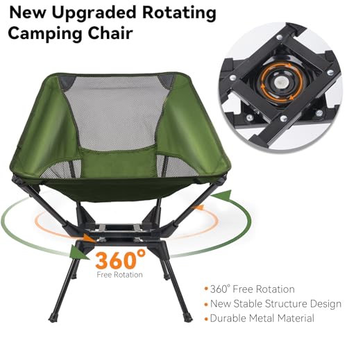 Upgraded 360° Swivel Camping Chair for Adults, Portable Folding Chair with Cup Holder, Lightweight Compact Backpack Outdoor Chair for Travel, Fishing, Hiking, and Beach - color: Army Green