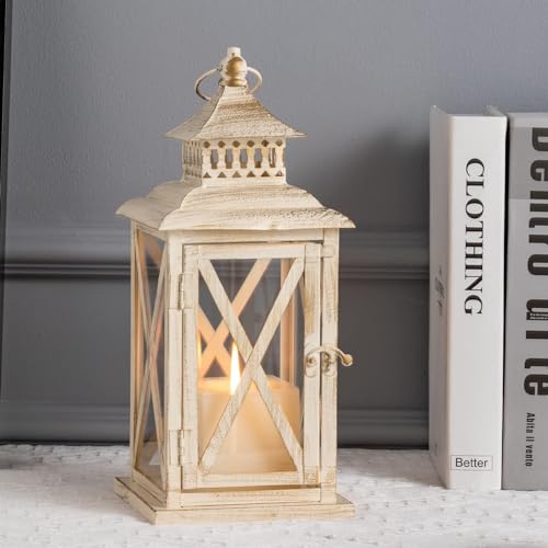 Lantern Decorative Indoor & Outdoor,Large Square Hanging Spring Home Decor, Vintage Metal Decorative Candle Lanterns for Outdoor Patio Wedding Party Beige with Copper Brush - color: Beige / 14.8'' / 1 Pc