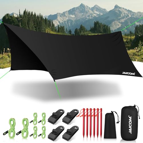 JAICOM Waterproof Hammock Rain Fly, Portable Camping Tarp - 12ft x 9.5ft Large Camp Tarp with Tent Stakes & Trap Clip & Guy Lines, Ultralight Shelter for Backpacking, Outdoor Shade - color: Black