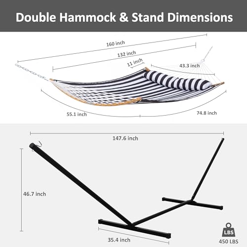 SUNCREAT Hammocks Extra Large Hammock with Stand Included, Double Hammock with Curved Spreader Bar, Black Stripes - color: Black Stripes