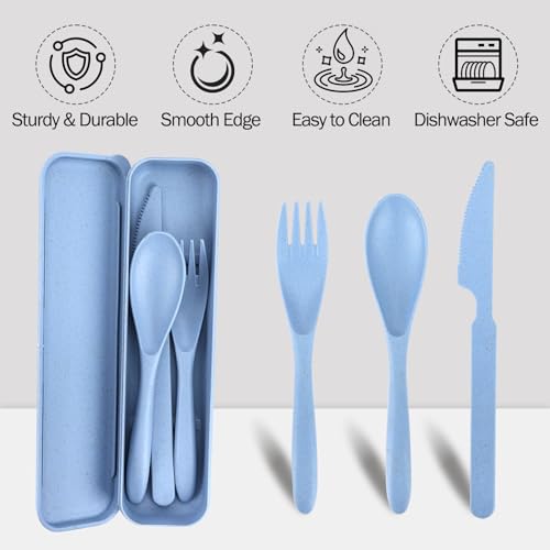 Travel Utensils with Case, 4 Sets Wheat Straw Portable Travel Cutlery Set, Reusable Fork Spoons Knife Tableware Camping Utensil Sets for Kids Adults Picnic or Daily Use, Dishwasher Safe