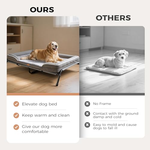 Lekereise Raised Dog Bed for Large Dog 46x33 Inch, Orthopedic Pet Beds with Waterproof Egg Crate Foam, Removable Dogs Couch Bed for Indoor Outdoor, 2-in-1 Design, Load 110lb, Grey