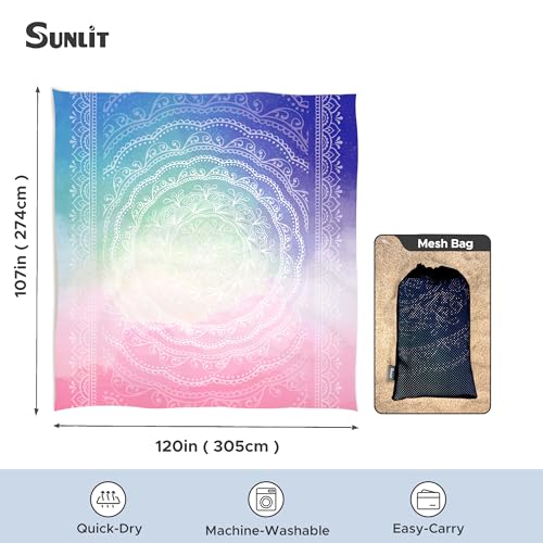 Sunlit Silky Soft Sand Proof Beach Blanket 106"x81" / 85"x72" Sand Proof Mat with Corner Pockets and Mesh Bag for Beach Party, Travel, Camping and Outdoor Music Festival, Mandala - color: Center Mandala-blue Pink, size: 120"x108"