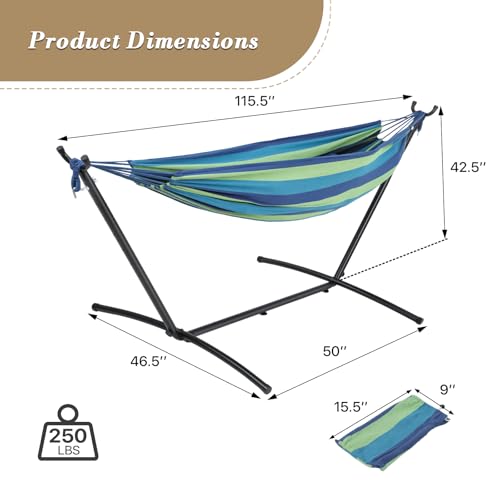 Athena Collection Double Hammock with Stand for Outside, Heavy-Duty Steel Stand 250 Lbs Weight Capacity, Portable Outdoor Hammock Swing with Carry Bag for Indoor, Outdoor, Backyard, Blue Green - color: Blue Green
