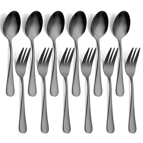 12 PCS Fork and Spoon, Black Silverware Set, Food Grade Stainless Steel Flatware Cutlery Set 6 Forks (5.35 inch), 6 Spoons(5.25 inch) for Home, Outdoor, Restaurant, Dishwasher Safe