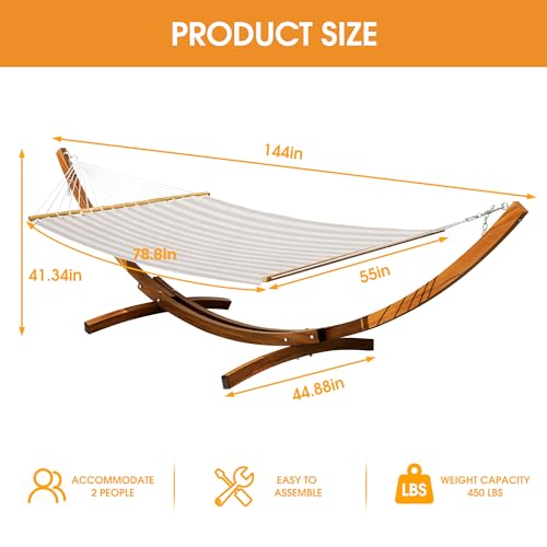 Lazy Daze Hammocks 12 FT 2 Person Double Quick Dry Textilene Hammock with Curved Steel Heavy Duty Stand for Outside, Backyard, Patio, 450 Lbs Capacity, Beige White Stripes - color: Beige White Stripes