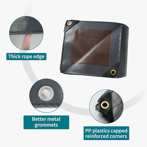 TARPAL tarp 10x10 Feet Super Heavy Duty Tarps Cover 20mil Waterproof UV Protection Rip and Tear Proof Tarpaulin with Grommets(Grey/Brown) - size: 10x10 Feet-Finished size