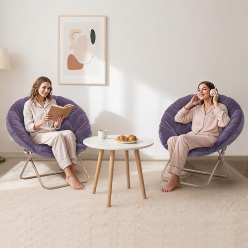 MoNiBloom Round Folding Faux Fur Saucer Chair for Bedroom Living Room Dorm Foldable Metal Frame Oversized Large Comfy Furry Padded Soft Lounge Lazy Cozy Moon Chair for Adults (Purple, 2 Pieces) - color: Purple