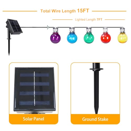 Afirst Solar Colored String Lights 15FT with 15 LED Bulbs Waterproof Christmas Lights for Patio Holiday Party - color: Multicolor