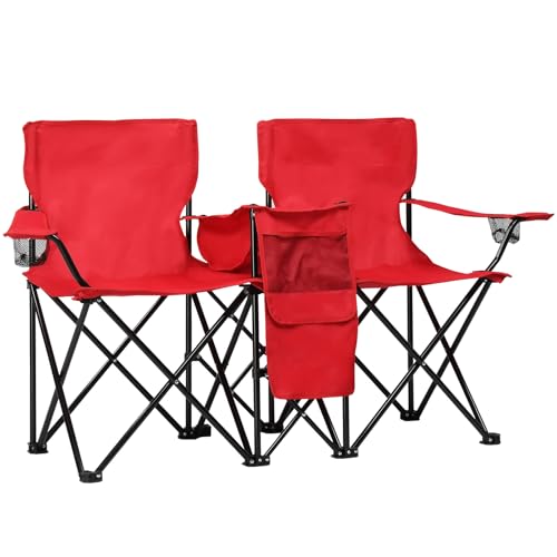 Double Folding Camping Chair W/Umbrella Fold Up Table Beverage Holder Carrying Bag Cooler for Patio Pool Park Outdoor Beach, Picnic, Portable (Red) - color: Red
