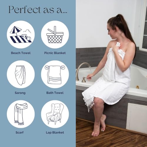 InfuseZen Stonewashed Turkish Bath & Beach Towel –100% Organic Turkish Cotton - Soft, Lightweight, Absorbent - Quick Dry, Sand Free - Pool, Shower, Travel - Peshtemal, Hammam Spa Towel - Off White - color: Almost White