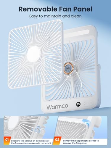 Warmco 20000mAh Battery Powered Fan, Ultra-Slim 8-Inch Portable Camping Fan with LED Lantern, Up to 48H Runtime Rechargeable Desk Fan for Bedroom, Outdoor, Tent, Travel, Cruise Ship Essentials - color: White