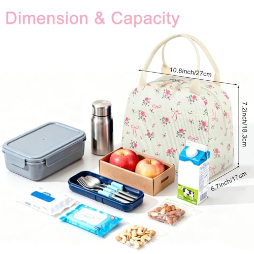 LEDAOU Lunch Box for Women Insulated Lunch Bag Corduroy Lunch Tote Bags Leakproof Cooler Lunch Case for Travel Work Picnic (Bow Floral) - color: Bow Floral