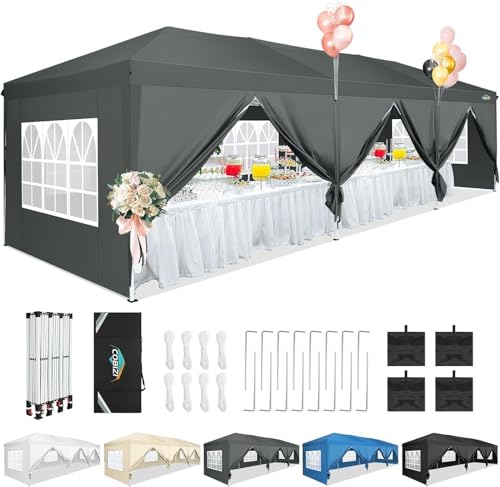 COBIZI 10x30 Canopy Party Tent with 8 Walls 10x30 Pop Up Canopy for Parties Waterproof UPF 50+ Outdoor Commercial Event Tent for Party Backyard Gazebo Canopy with Sidewalls & Sandbags(Gray) - color: Gray, size: 10x30FT with 8 sidewalls