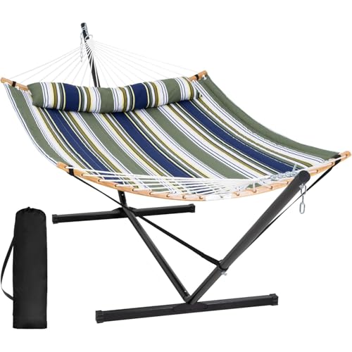 SUNCREAT Hammocks for Outside with Stand Included, Double Hammock with Curved Spreader Bar, Carrying Bag, Dark Green Stripes - color: Dark Green Stripes