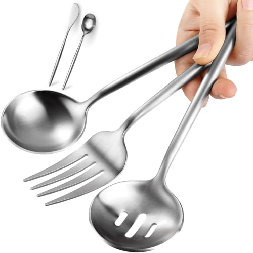 Large Serving Utensils Set,5 Pcs Stainless Steel Silver Serving Utensils with 10.8 Inch Serving Fork,10.3 Inch Serving Spoon,Slotted Serving Spoons,Sugar Spoons,Butter Knife for Party Buffet Banquet - color: Matte Silver