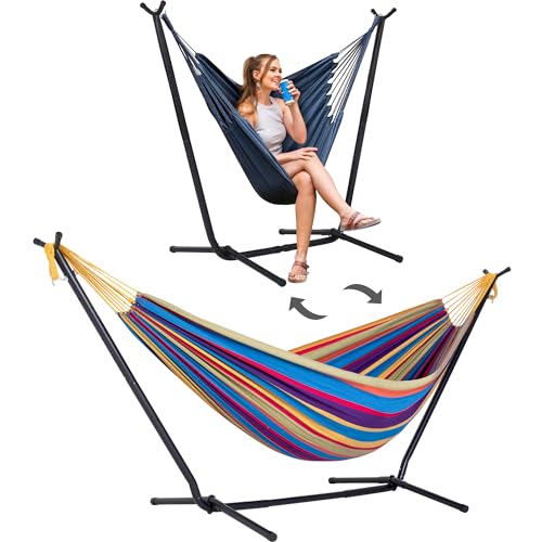 SUNCREAT 2-in-1 Convertible Backyard Fabric Hammock with Stand, Large Hammocks for Outside, Patented, Purple Stripe - color: A-purple Stripe