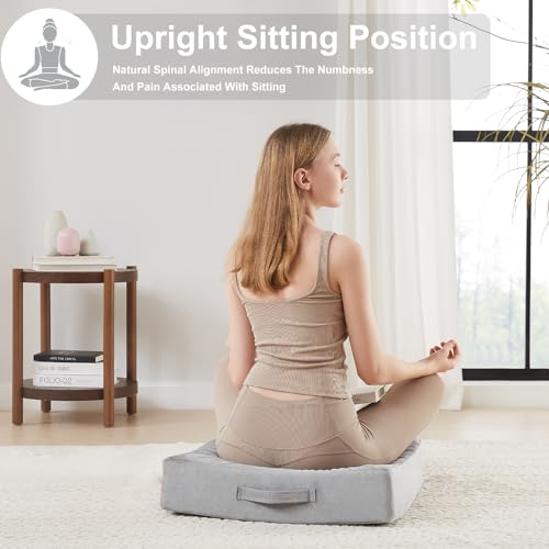 JKMAX 22 inches Floor Pillow for Adults - Large Meditation Cushion with Thick Foam & Soft Tufted Cover - Premium Outdoor Square Floor Cushion Seat - Yoga Pillows for Sitting On Floor - Light Gray - color: Light Gray, size: 1 Count