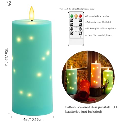 kakoya 10" x 4" Large Outdoor Waterproof Flickering Flameless Candles with Timer,2Pcs Battery Operated LED Pillar Candles with Embedded Star String for Outdoor Lanterns,Porch,Patio Decor(Blue) - color: Blue, size: 2PCS-D4"xH10"