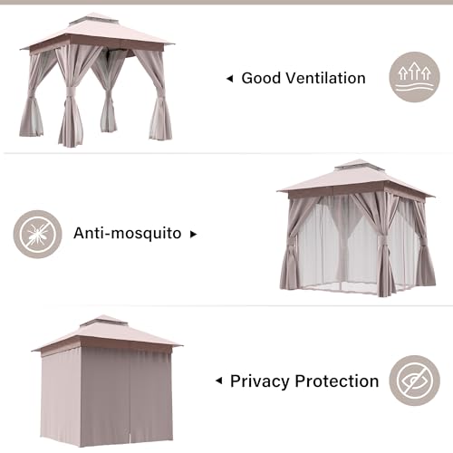 LAUSAINT HOME 8'x8' Outdoor Patio Gazebo, Heavy Duty Party Tent & Shelter with Double Roofs, Mosquito Nettings and Privacy Screens for Backyard, Garden, Deck (Khaki) - color: Khaki, size: 8'x8'