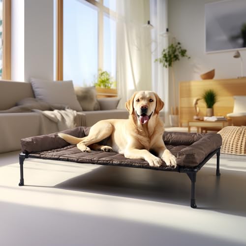 Veehoo Cooling Elevated Dog Bed Add Removable Waterproof Bolster Cushion Mat, Raised Pet Cot with Breathable Teslin Mesh, No-Slip Feet, Dog Couch Bed for Indoor Outdoor, Large, Brown CWC2331B - color: Brown, size: 42.0"l X 30.0"w X 7.0"th