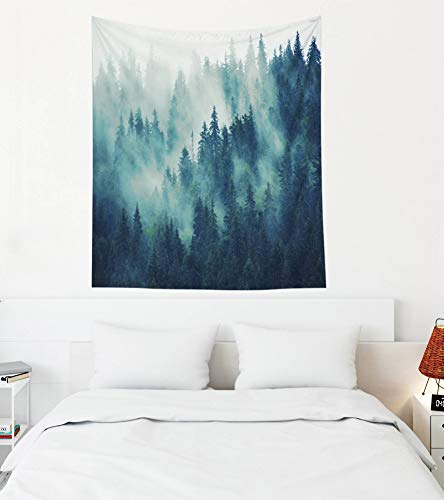EMMTEEY Misty Forest Tapestry Nature Scenic Mountain Tapestry Green Tree Landscape Foggy Fir Pine Forest 50X60 Inches Tapestries for Living Room Bedroom Inhouse - color: Green Blue Grey, size: 50"L x 60"W