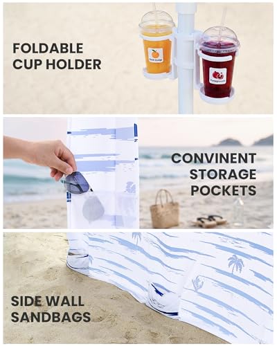 Qipi Beach Cabanas for Sand, Beach Canopy with Sandbags & Side Wall for Family, Easy Set Up Sun Shelter, UPF 50+ UV Protection with Roof Vent - color: 8' x 8' Navy Sailor Dual-Fold